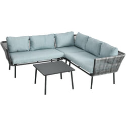 Salon de jardin d'angle 5 places 4 pièces coussins inclus alu. résine tressée gris