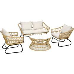 Outsunny - Salon de jardin 4 places 4 pièces 7 coussins inclus acier époxy résine tressée beige