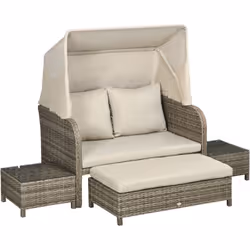 Ensemble salon de jardin 2 places 4 pcs - canapé, repose-pieds, 2 tables basses - coussins inclus - résine grise polyester ka ...