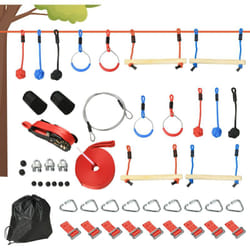 Outsunny - Parcours d'obstacles ninja enfant - 30 accessoires, 10 m de slackline - sac de transport - bleu rouge