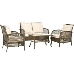 Outsunny - Salon de jardin 4 places 4 pièces style colonial table basse coussins beige inclus résine tressée marron