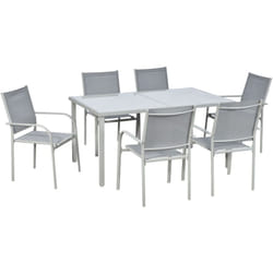 Ensemble de jardin 6 personnes chaises empilables table à manger dim. 150L x 90l x 72H cm plateau verre acier époxy textilène gris