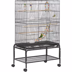 Description générale Cette jolie cage à oiseaux en métal noir avec étagère est à la fois pratique et confortable pour votre o ...