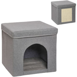 Panier chat grattoir pouf pliable 3 en 1 - coussin amovible lavable, grattoir - MDF tissu aspect lin gris