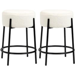 Lot de 2 tabourets de bar design - repose-pied - acier noir revêtement effet laine bouclée blanc