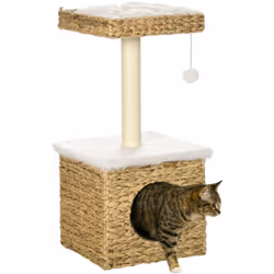 Ce superbe arbre à chat style cosy chic mélant les revêtements en jacinthe d'eau, sisal et peluche aspect fourrure apportera  ...