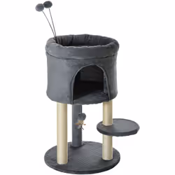 Ce joli arbre à chat design coloris gris doté de 2 griffoirs, d'une niche, d'une plateforme, d'un panier d'observation, de 2 ...