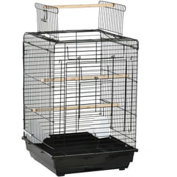 Cage à oiseaux 2 mangeoires 2 perchoirs toit ouvrant plateau excrément amovible poignée transport métal ps noir