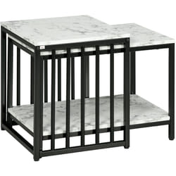 Lot de 2 tables basses gigognes design - acier noir panneaux aspect marbre blanc
