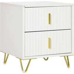 Table de chevet table de nuit 2 tiroirs coulissants façade ondulée MDF blanc piètement épingle métal doré