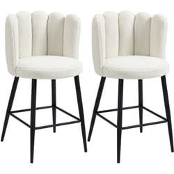 Lot de 2 tabourets de bar design contemporain - repose-pied - acier noir revêtement effet laine bouclée blanc