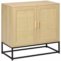 Buffet 2 portes cannage rotin avec étagère piètement acier noir poignées bois pin aspect chêne clair