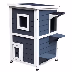 Maisonnette pour chat sur pied 2 niveaux - toit ouvrant bitumé - bois sapin pré-huilé peint gris blanc