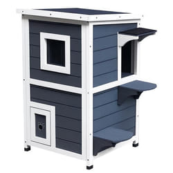 Maisonnette pour chat sur pied 2 niveaux - toit ouvrant bitumé - bois sapin pré-huilé peint gris blanc