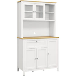 Buffet haut style classique chic - multi-rangement placards, niches, tiroir - panneaux blanc aspect bois clair