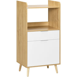 Meuble desserte de cuisine micro-onde style scandinave - porte, 2 étagères, tiroir, niche - blanc aspect chêne clair