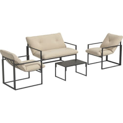 Outsunny - Salon de jardin 4 personnes - 4 pièces, 3 coussins - acier époxy noir polyester beige