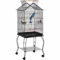Cette volière pour oiseaux PawHut est équipée d'un support à roulettes et d'une étagère inférieure, ce qui permet de la dépla ...