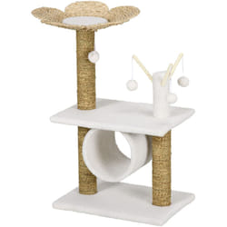 Arbre à chat style cosy chic fleur - griffoirs, tunnel, plateformes, 4 jeux de boules -  peluche blanche quenouille tressée