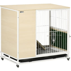 Clapier à lapin sur roulettes cage à lapin 2 niveaux toit ouvrant porte plateau déjection coulissant rampe niche acier blanc aspect bois clair