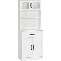 Buffet haut 4 portes étagère niche tiroir coulissant plan de travail poignées métal noir verre trempé mdf blanc