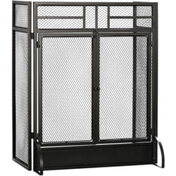 Homcom - Pare-feu large pour cheminée ou poêle - pare-étincelles - 3 volets pliables et double porte - métal noir