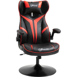 Fauteuil gaming base ronde métal pivotante 360° hauteur réglable tétière accoudoirs relevables pvc rouge noir