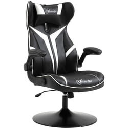 Fauteuil gaming base ronde métal pivotante 360° hauteur réglable tétière accoudoirs relevables pvc blanc noir