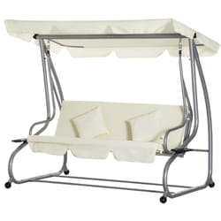 Balancelle de jardin 3 places convertible toit inclinaison réglable 2 tablettes support acier époxy gris polyester crème