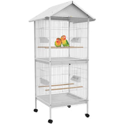 Pawhut - Volière cage à oiseaux sur roulettes design maison mangeoires perchoirs 10 portes plateaux excréments amovibles acier blanc