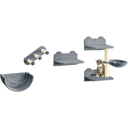 Mur d'escalade pour chat - arbre à chat design mural - griffoirs, plateformes, 2 paniers, échelle - sisal peluche gris
