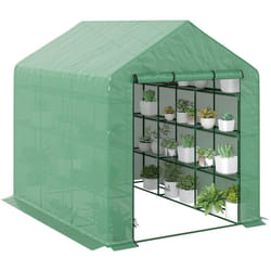 Serre de jardin 6 étagères dim. 244L x 180l x 210H cm porte enroulable acier noir bâche pe vert