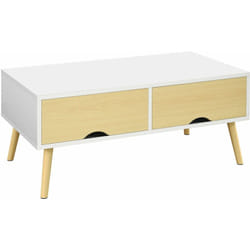 Table basse rectangulaire design scandinave 2 tiroirs coulissants grande niche piètement bois pin blanc aspect bois clair