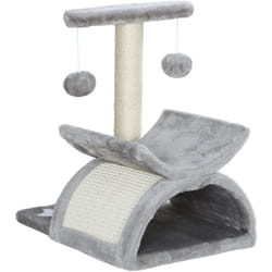Arbre à chat design - griffoir, grattoir - jeu 2 boules rotatif, panier, tunnel - sisal peluche grise