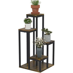 Outsunny - Support à fleurs style industriel 5 niveaux - porte plante 4 étagères - acier époxy noir aspect bois foncé
