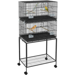 Double cage à oiseaux sur roulettes - étagère, plateau déjection, 4 perchoirs, 4 mangeoirs, poignée - dim. 77L x 46l x 164H cm acier noir