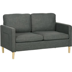 Canapé 2 places style contemporain pochettes sur les accoudoirs pieds en bois revêtement tissu aspect lin - gris