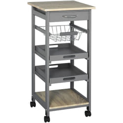 Chariot de service desserte de cuisine à roulettes panier + 2 plateaux amovibles, tiroir, étagère mdf chêne clair bois pin gris