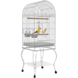 Cage à oiseaux volière sur roulettes - étagère, grille, plateau amovible, 2 bols acier inox, perchoir - acier blanc