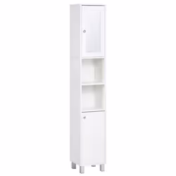 Meuble colonne de salle de bain 2 portes 2 étagères réglables 2 niches miroir piètement poignées métal panneaux blanc