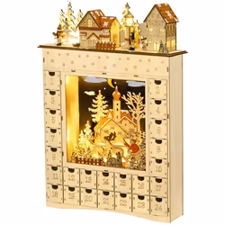 Calendrier de lAvent LED - 10 lumières blanc chaud - 24 tiroirs - décoration lumineuse de Noël - MDF bois naturel