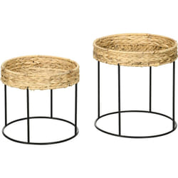 Homcom - Lot de 2 tables gigognes tables basses rondes style bohème plateau en jacinthe d'eau tressée et piètement rond en acier noir