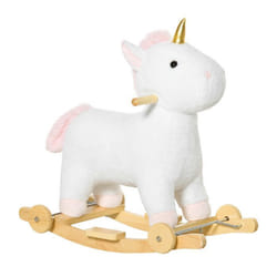 Cheval à bascule licorne porteur 2 en 1 - effet sonore - poignée structure bois de peuplier peluche douce blanche