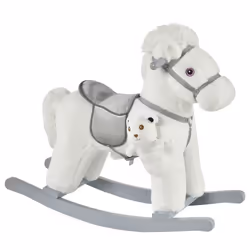 Cheval à bascule - effets sonores, peluche ourson inclus - poignées structure bois peuplier gris peluche courte douce blanc