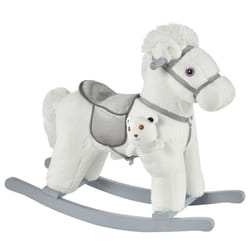 Cheval à bascule - effets sonores, peluche ourson inclus - poignées structure bois peuplier gris peluche courte douce blanc