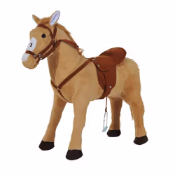 Cheval debout en peluche effets sonores hennissement et galop selle étrier rênes beige