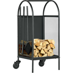 Chariot - porte bûches - range bûches - multi-accessoires avec 2 roulettes métal noir