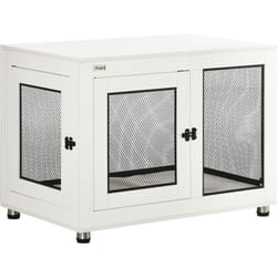 Cage pour chien sur pied style industriel - 2 portes verrouillables, coussin inclus - acier maillé noir panneaux aspect bois blanc