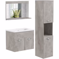 Ce splendide ensemble meuble sous-vasque suspendu (vasque incluse) avec miroir-étagère et meuble colonne mural assorti ajoute ...