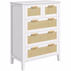Elégante et tendance, cette commode 5 tiroirs en MDF et cannage en rotin sublimera l'espace intérieur de votre choix. Perchée ...